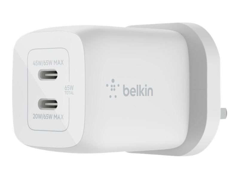 Belkin BoostCharge power adapter PPS and GaN technology 2 x USB-C 65 Product shot Right-angle 79550