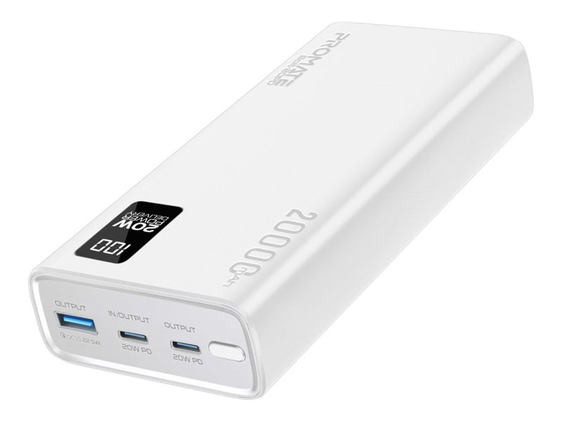 Promate Bolt-20PD power bank compact smart charging Li-pol USB Type A 2 x USB-C 22.5 Product shot Right-angle 79550