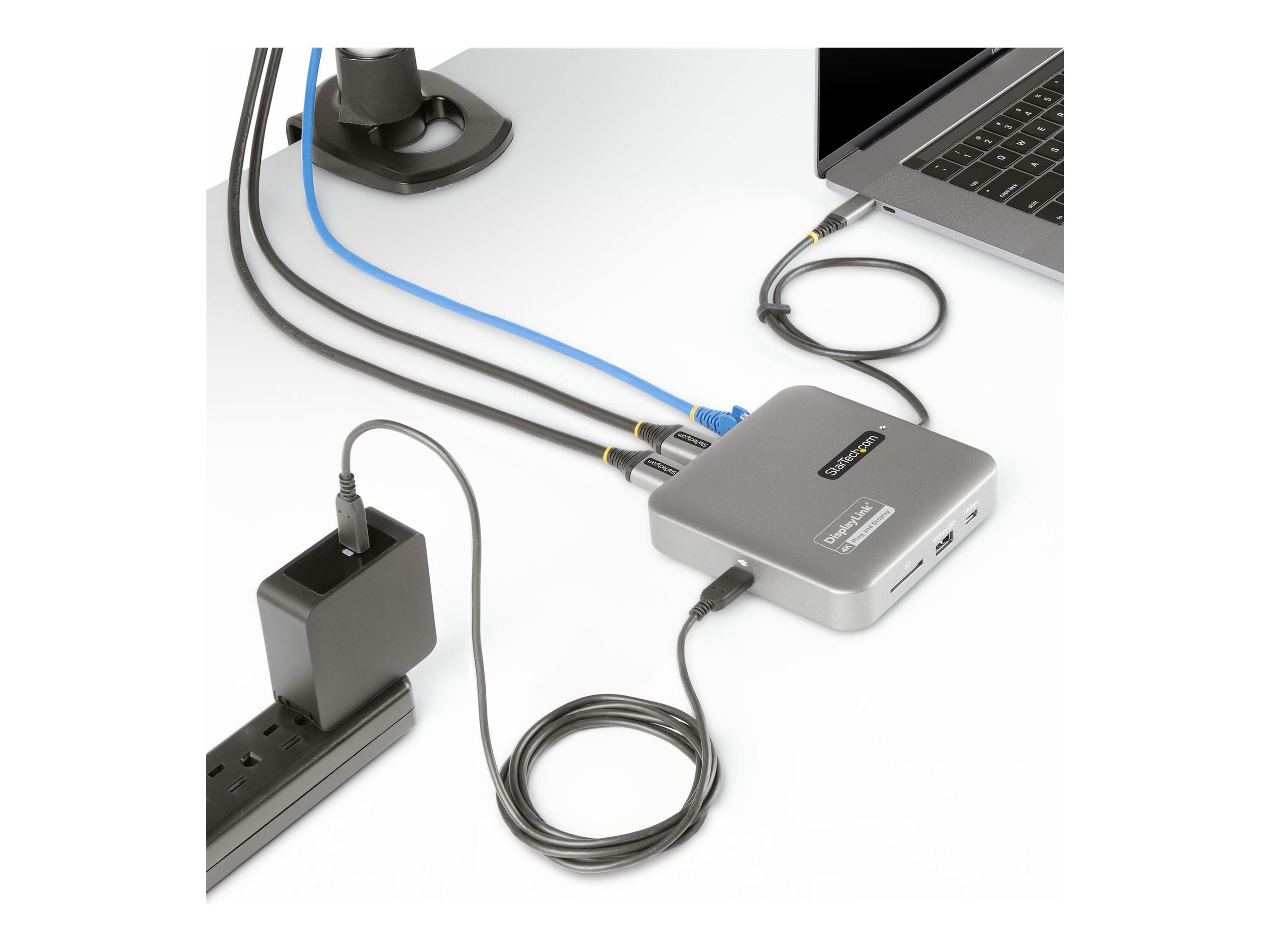 An image of Startech Universal USB C multiport adapter - Apple M1/M2 Dual Display compatible - DisplayLink Cert Dual 4K 60Hz HDMI 2.0b - 1xA/1xC USB 3.2 10Gbps hub | 100W PD charging - Type-C Mini docking station - Power adapter/bus powered - Win/Chrome/macOS - docking station - USB-C / USB4 / Thunderbolt 3 / Thunderbolt 4 - 2 x HDMI - 1GbE