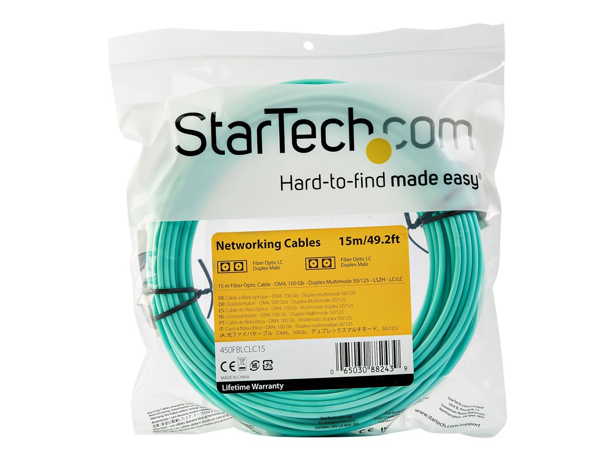StarTech.com 15 m OM4 LC to LC Multimode Duplex Fiber Optic Patch Cable- Aqua - 50/125 - Fiber Optic Cable - 40/100Gb - LSZH (450FBLCLC15) - patch kabel - 15 m - 15 m - vodě - barva – foto 3
