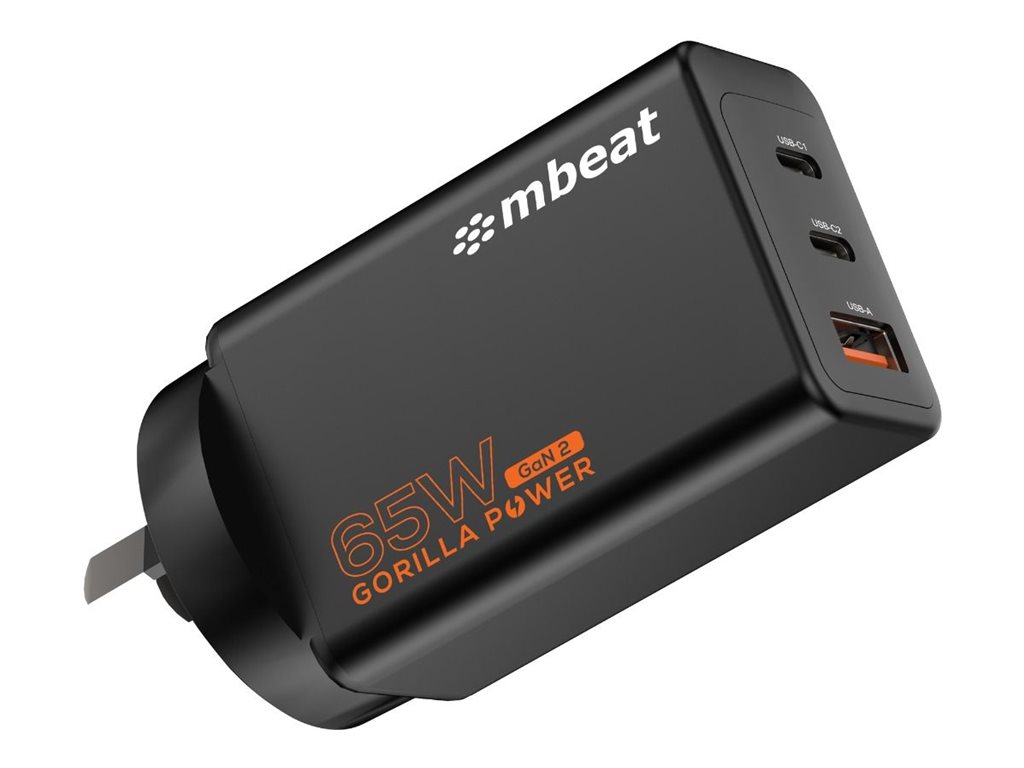 mbeat Gorilla Power power adapter GaN II 2 x USB-C USB Type A 65 Product shot Right-angle 79700