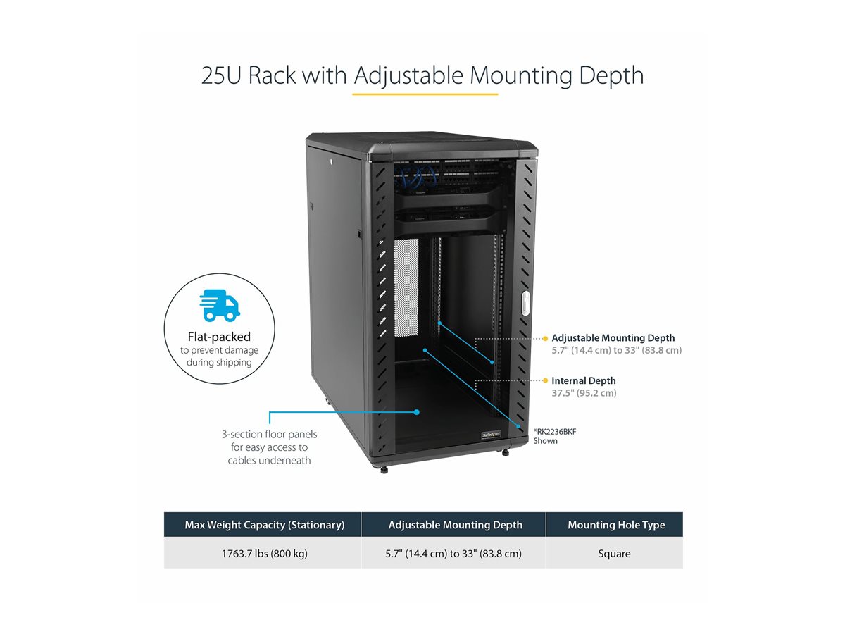 StarTech.com 25U Network Rack Cabinet on Wheels - 36in Deep - Portable 19in 4 Post Network Rack Enclosure for Data & IT Computer Equipment w/ Casters (RK2536BKF) - rozvaděč stojanový - 25U – foto 5