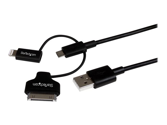 Image of StarTech.com 1m 3 ft Black Apple 8-pin Lightning or 30-pin Dock Connector or Micro USB to USB Cable for iPhone iPod iPad - Charge & Sync (LTADUB1MB) - charging / data cable - 1 m
