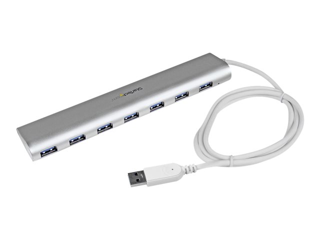 Image of StarTech.com 7 Port Compact USB 3.0 Hub with Built-in Cable - Aluminum USB Hub - Silver USB3 Hub with 20W Power Adapter (ST73007UA) - USB peripheral sharing switch - 7 ports