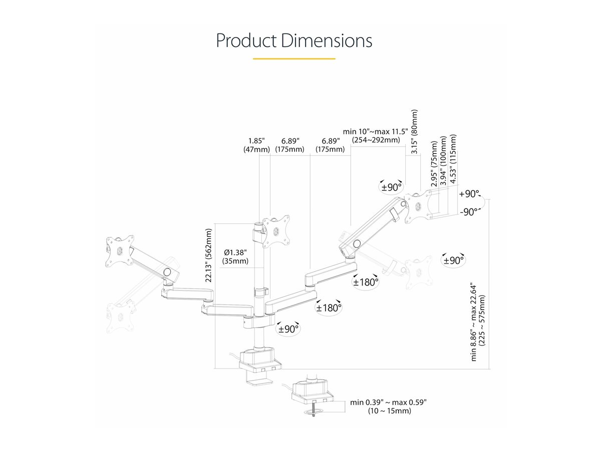 StarTech.com Triple Monitor Desk Mount For Up To Three 27in Screens, VESA 75x75/100x100, Tool-Less Arm Adjustments, C-Clamp/Grommet Mount, Spring-Assisted Arms montážní sada - nastavitelné rameno - pro 3 LCD displeje - černá – foto 14