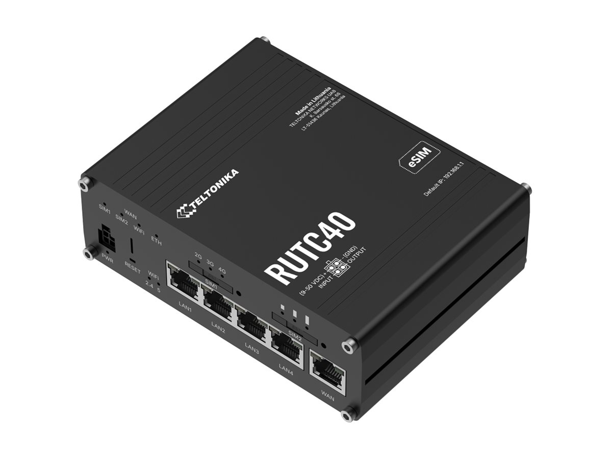 Teltonika RUTC40 wireless router WWAN Wi-Fi 6 3G 4G 2G DIN rail mountable Product shot Left-angle 79750