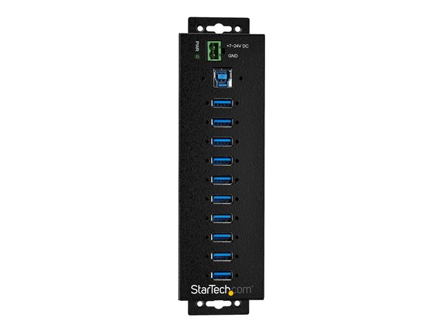 StarTech.com 10 Port USB Hub with Power Adapter, Surge Protection, Metal Industrial USB 3.0 Data Transfer Hub, Din Rail, Wall or Desk Mountable, High Speed USB 3.1/ USB 3.2 Gen 1 5Gbps Hub - Windows/macOS/Linux (HB30A10AME)