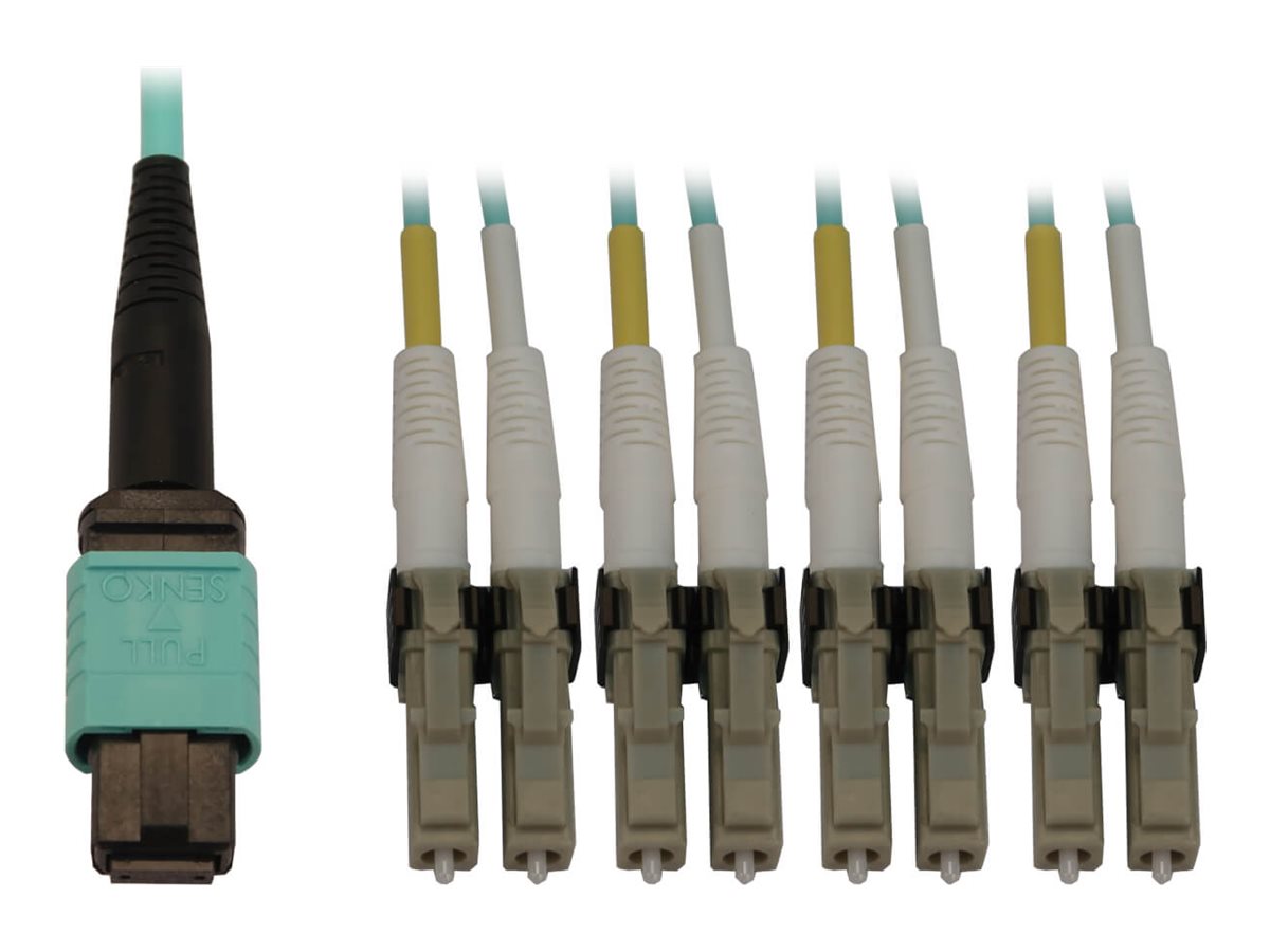 Eaton Tripp Lite Series 40/100/400G Multimode 50/125 OM3 Fiber Optic Cable (12F MTP/MPO-PC to 4x Duplex LC/PC F/M), LSZH, Aqua, 3 m (9.8 ft.)