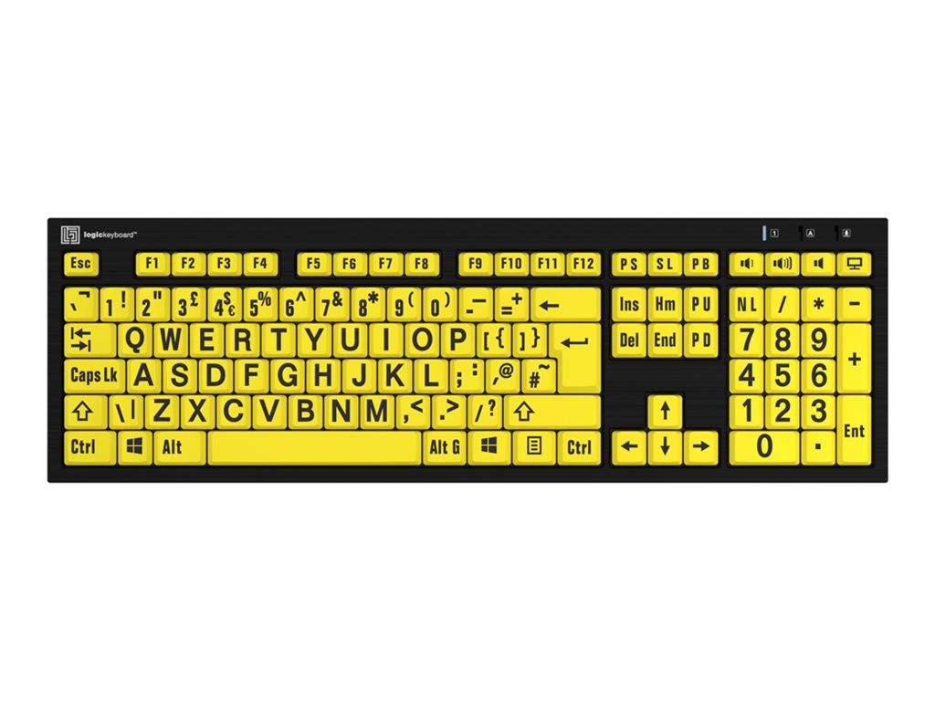 An image of LogicKeyboard Largeprint Nero Slimline - keyboard - Windows - QWERTY - UK - black on yellow - with LogicLight LED keyboard lamp Input Device