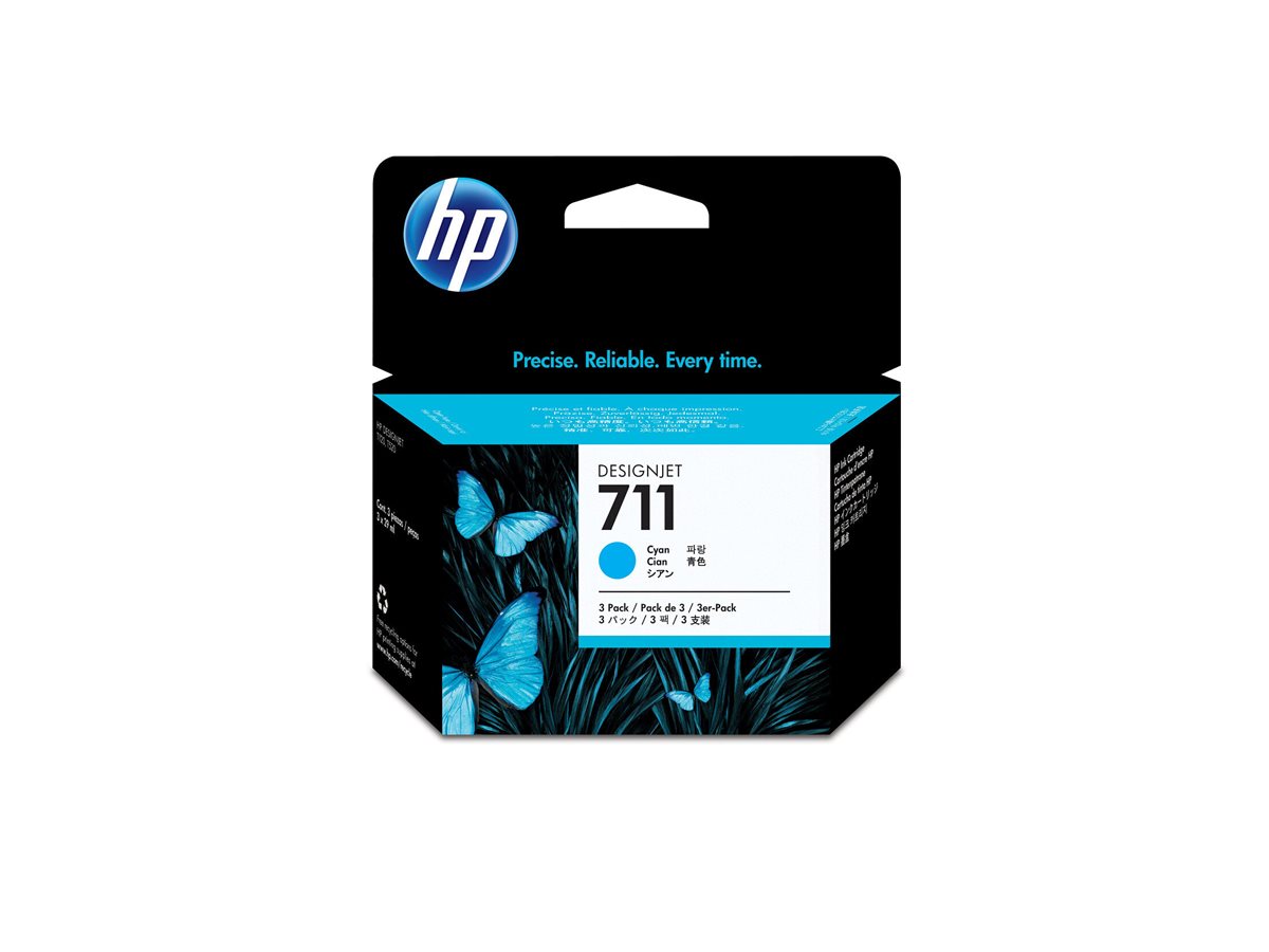 HP 711 3-pack cyan original DesignJet ink Product shot Right-angle 79850