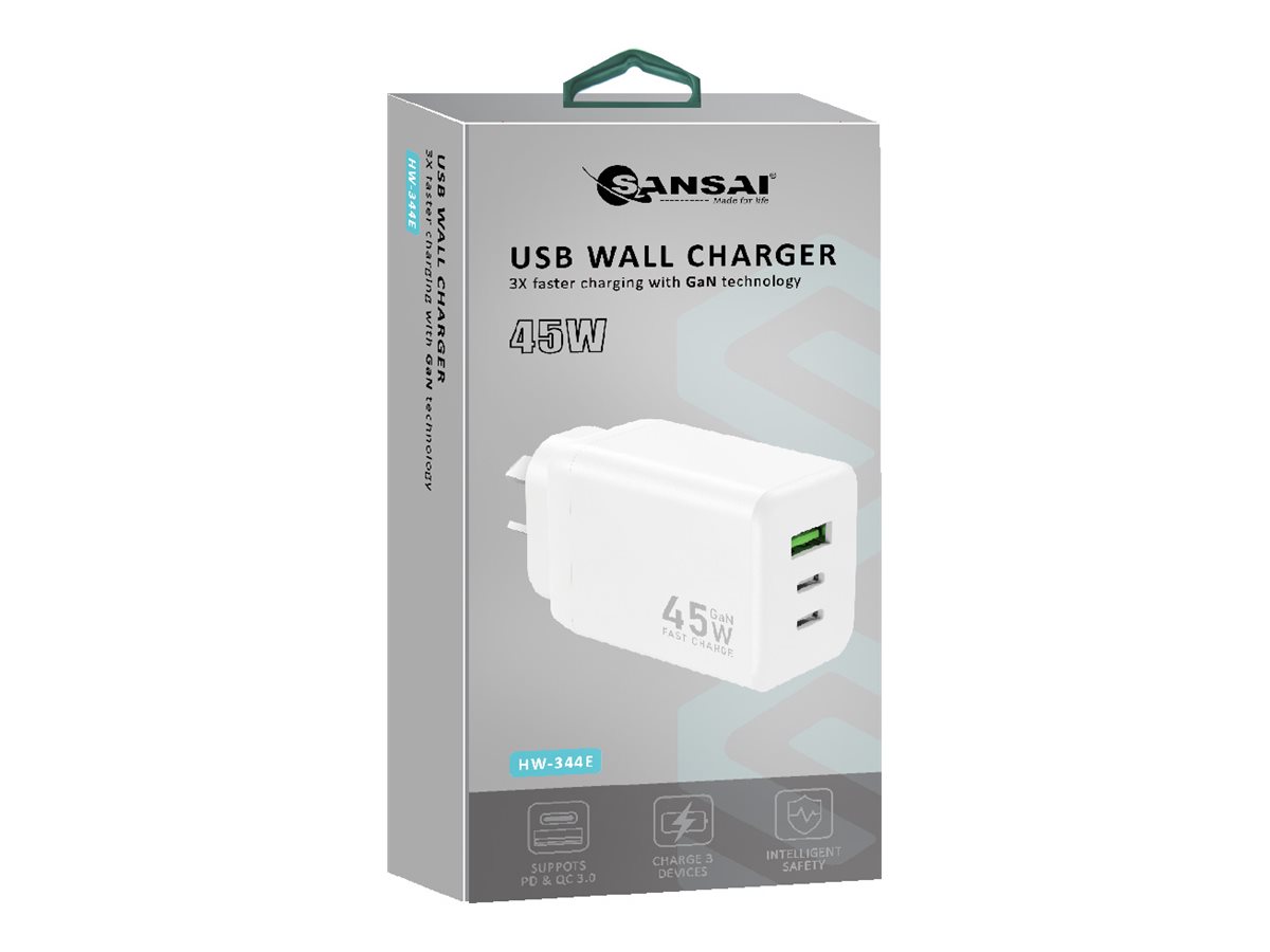 Sansai power adapter 2 x USB-C USB 45 Package view Left-angle 77800