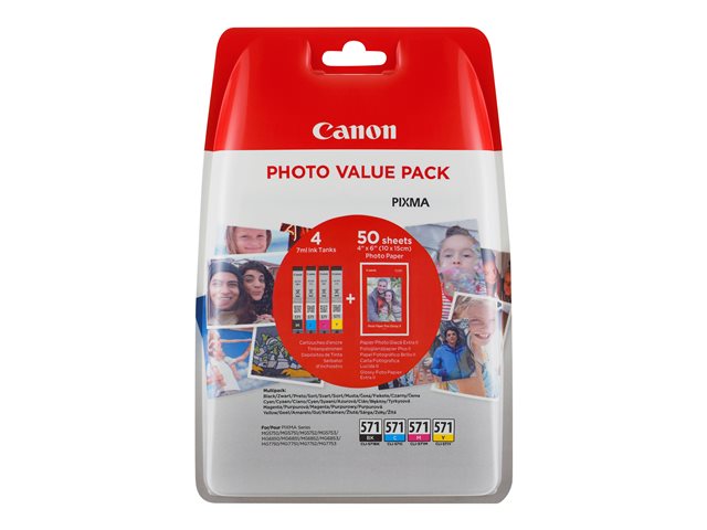 Image of Canon CLI-571 C/M/Y/BK Photo Value Pack - 4-pack - black, yellow, cyan, magenta - original - 50 sheet(s) - 100 x 150 mm - ink tank / paper kit