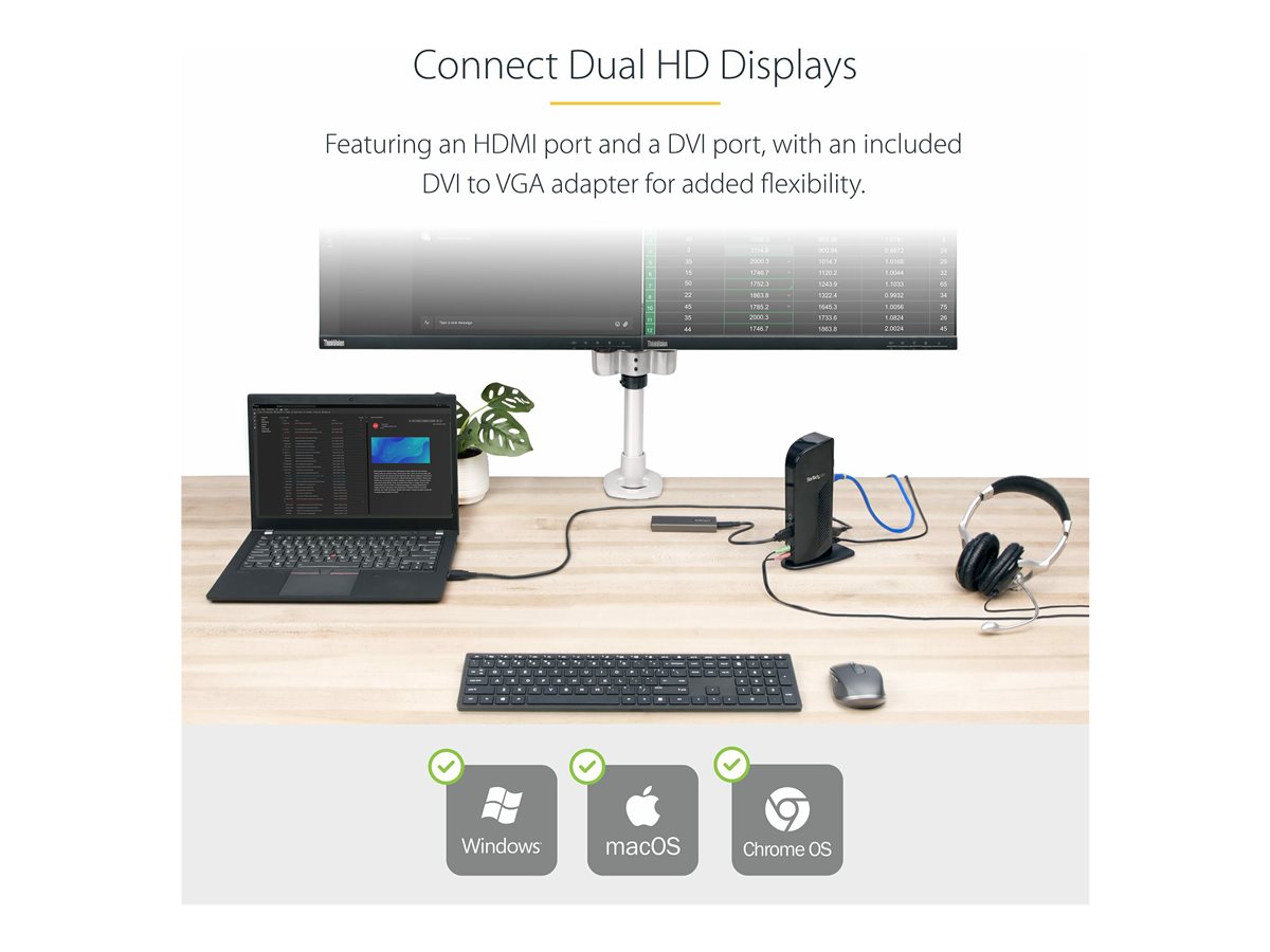 StarTech.com Dual Monitor USB 3.0 Laptop Docking Station with HDMI/DVI/VGA & 6xUSB Ports - Universal USB Dock for Mac & Windows - Black (USB3SDOCKHD) - dokovací stanice - USB - 1GbE – foto 5