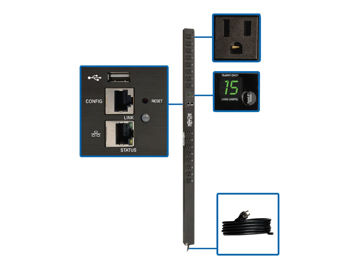Tripp Lite 1.4kW Single-Phase Monitored PDU with LX Platform Interface, 120V Outlets (16 5-15R), 10 ft. Cord w/5-15P Plug, 0U, TAA