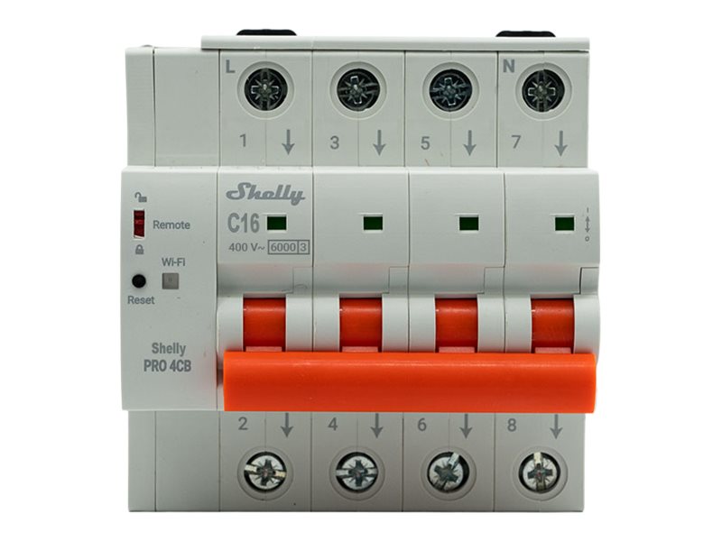 SHELLY Pro 4CB C16 Ethernet WiFi Bluetooth DIN Rail 4-Pole 16A C-Curve Circuit Breaker