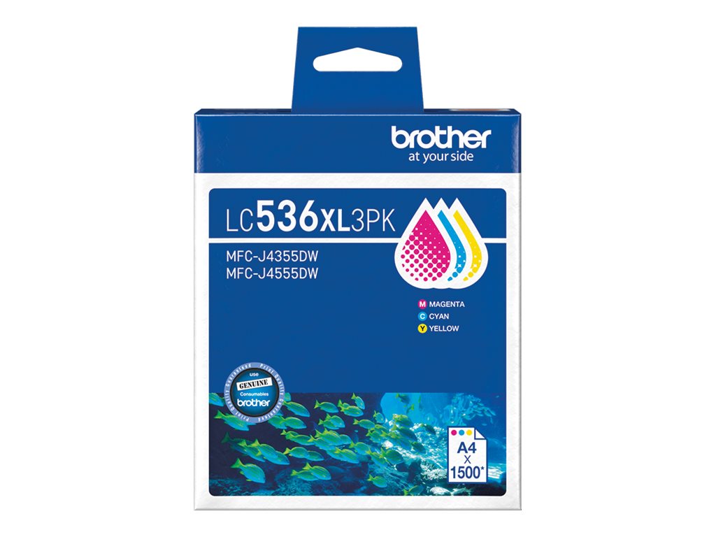 Brother LC536XL3PK 3-pack High Yield yellow cyan magenta original ink Package view Front 80490