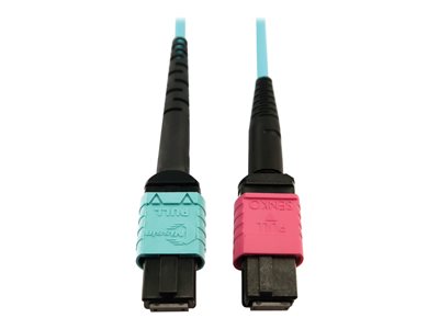 Eaton Tripp Lite Series 400G Multimode 50/125 OM4 Plenum Fiber Optic Cable, 24F MTP/MPO-UPC to 16F MTP/MPO-UPC (F/F), Aqua, 3 m