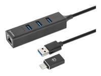 Manhattan USB-C & USB-A Combo Dock/Hub, Ports (4): Ethernet and USB-A (x3), 5 Gbps (USB 3.2 Gen1 aka USB 3.0), External Power Supply Not Needed, USB-A Male with Attachable USB-C Male Adapter, SuperSpeed USB, Black, Three Year Warranty, Retail Box