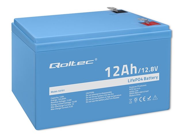 Akumulator LiFePO4 Qoltec Litowo-Żelazowo-Fosforanowy | 12.8V | 12Ah | 153.6Wh | BMS