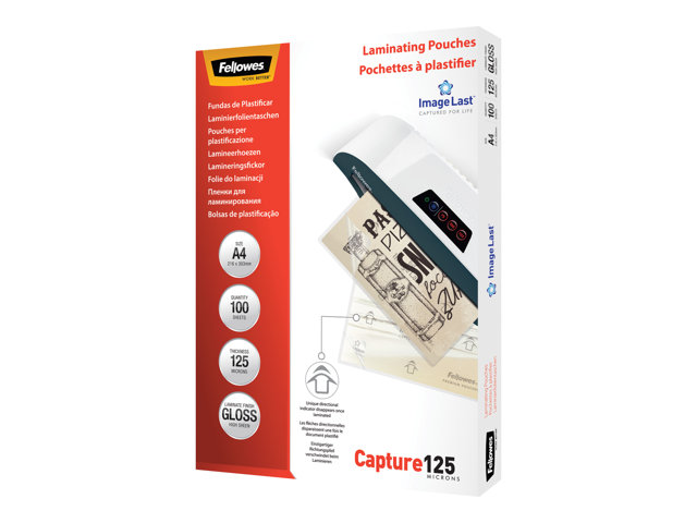 Fellowes Laminating Pouches Capture 125 Micron 100 Pack Glossy A4 Lamination Pouches