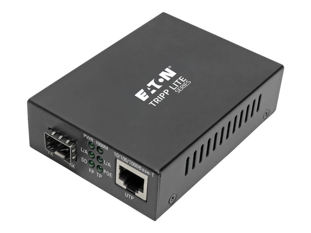Eaton Tripp Lite Series Gigabit SFP Fiber to Ethernet Media Converter, POE+, International Power Cables, 10/100/1000 Mbps