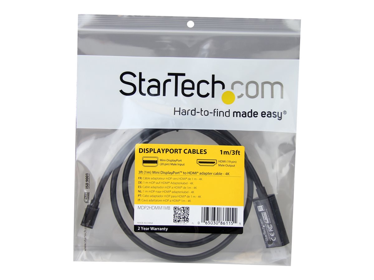 StarTech.com Mini DisplayPort to HDMI converter cable - 3 ft (1m) - mDP to HDMI adapter with built-in cable - (M / M) Ultra HD 4K (MDP2HDMM1MB) - kabel adaptéru - DisplayPort / HDMI - 1 m – foto 2