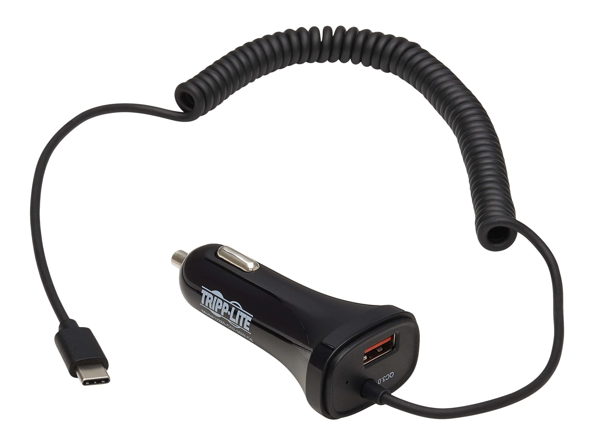 Tripp Lite USB Car Charger Dual Port 30W USB-A & USB C w Coiled Cord 6ft