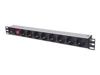 Intellinet 19' 1U Rackmount 8-Way Power Strip - German Type, With On/Off  and Overload Protection, 3m Power Cord (Euro 2-pin plug) Stikdåse 8-stik 16A Sort 3m