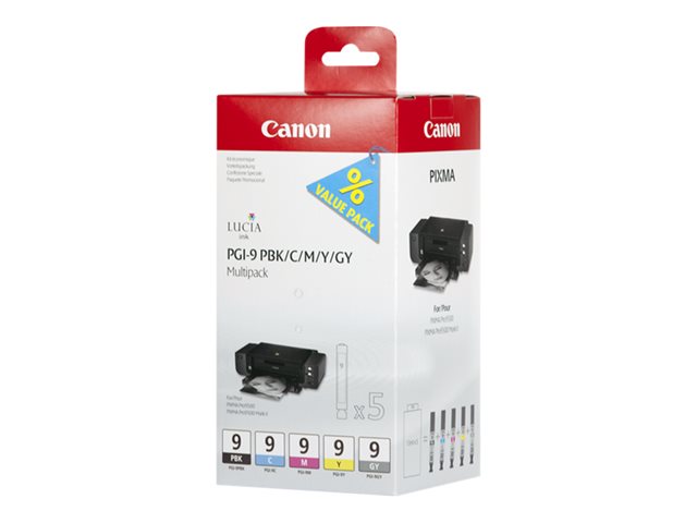Canon Pgi 9 Pbk C M Y Gy Multi Pack 5 Pack Grey Yellow Cyan Magenta Photo Black Original Ink Tank