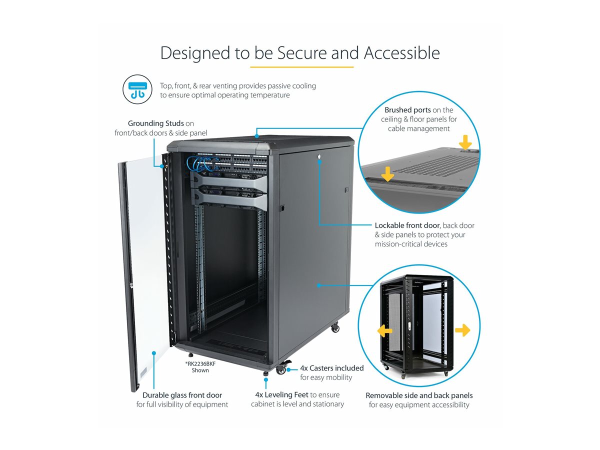 StarTech.com 18U 19" Server Rack Cabinet, 4 Post Adjustable Depth (6-32")Locking Knock Down Network/Computer Equipment Enclosure, Mobile with Glass Door & Casters, HP ProLiant ThinkServer - Data Rack Enclosure (RK1836BKF) - rozvaděč stojanový - 18U – foto 3