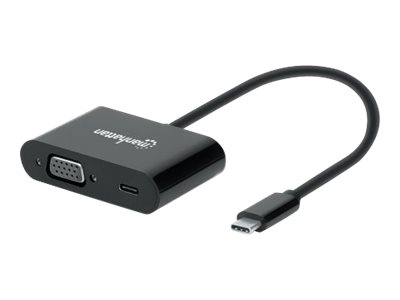 Manhattan USB-C to VGA and USB-C (inc Power Delivery), 1080p@60Hz, 19.5cm, Black, Power Delivery to USB-C Port (60W), Male to Female, Lifetime Warranty, Retail Box