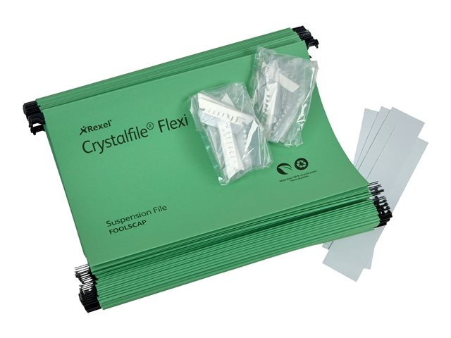 Rexel Crystalfile Flexi Hanging File For Folio Capacity 150 Sheets Tabbed Green Pack Of 50