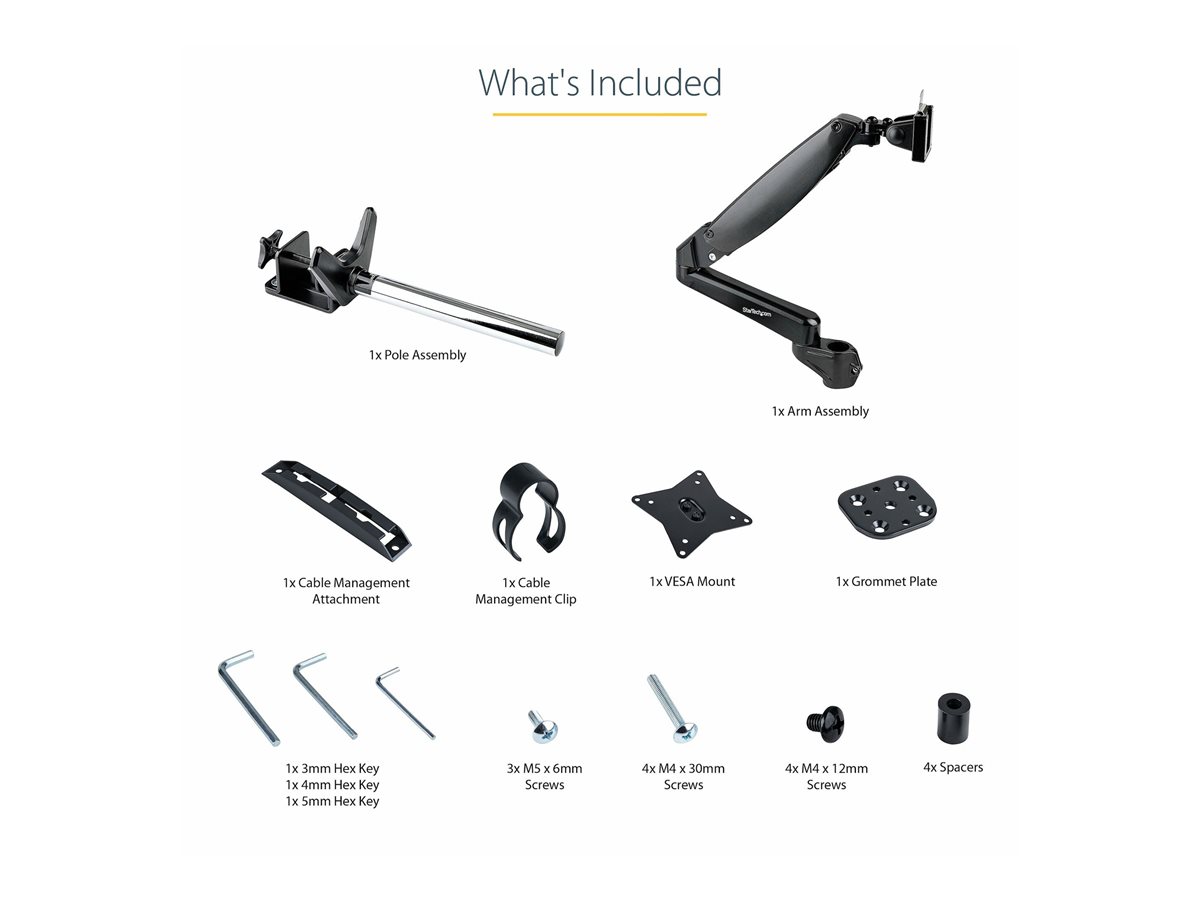 StarTech.com Desk Mount Monitor Arm for Single VESA Display up to 32" or 49" Ultrawide 8kg/17.6lb, Full Motion Articulating & Height Adjustable w/ Cable Management, C-Clamp, Grommet Mount - Single Monitor Arm montážní sada - nastavitelné rameno s plným rozsahem pohybu - pro obrazovka – foto 5