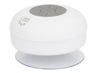 Manhattan Bluetooth Shower Speaker (promo), Waterproof design suction-cup mount, Omnidirectional Mic, Integrated Controls, 5 hour Playback time, Range 10m, Output 3W, USB-A charging cable included (5V charging), Bluetooth v4.0, White, 3 Years Warranty, Bo