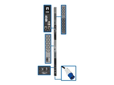 Tripp Lite 14.5kW 3-Phase Monitored PDU, LX Interface, 200/208/240V Outlets (42 C13/6 C19), LCD, IEC 309 60A Blue, 3m/10 ft. Cord, 0U 1.8m/70in. Height, TAA