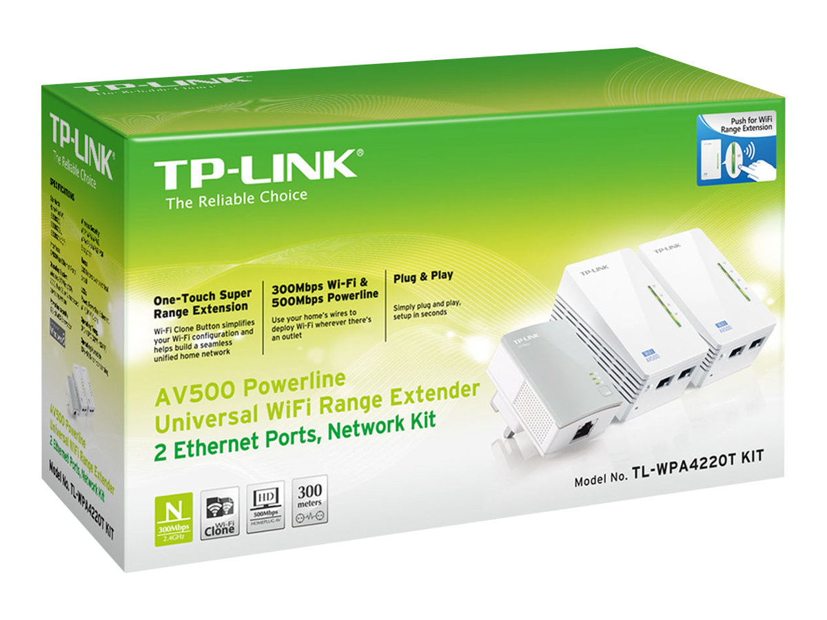 An image of TP-Link TL-WPA4220T KIT AV500 Powerline Universal WiFi Range Extender, 2 Ethernet Ports, Network Kit - powerline adapter kit - Wi-Fi - wall-pluggable