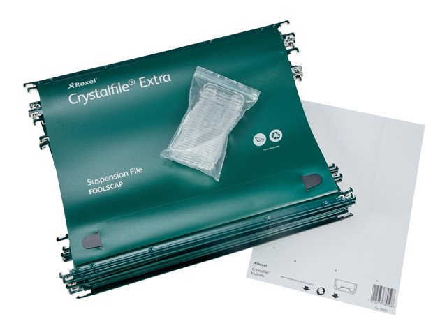 Rexel Crystalfile Extra Hanging File For Foolscap Capacity 500 Sheets Tabbed Green Pack Of 25