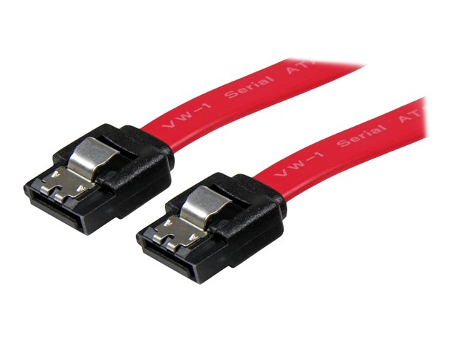 Image of StarTech.com 12in Latching SATA Cable - SATA cable - Serial ATA 150/300/600 - SATA (R) to SATA (R) - 1 ft - latched - red - LSATA12 - SATA cable - 30 cm