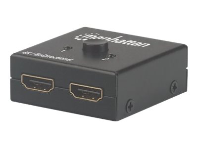 Image of Manhattan HDMI Switch 2-Port, 4K@30Hz, Bi-Directional, Black, Displays output from x1 HDMI source to x2 HD displays (same output to both displays) or Connects x2 HDMI sources to x1 display, Manual Selection, No external power required, 3 Year Warranty - v