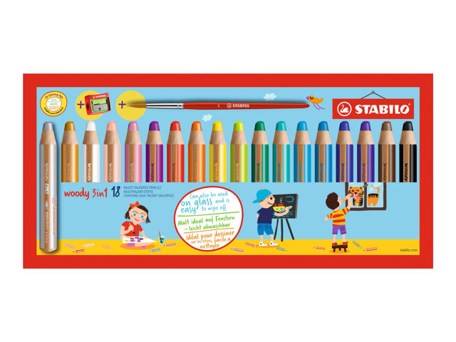 Stabilo Woody 3 In 1 Coloured Pencil Black Red Blue Yellow Orange Brown Violet Pink Turquoise Silver White Gold Leaf Green Lilac Flesh Cyan Blue Dark Green Ultramarine Blue Pack Of 18