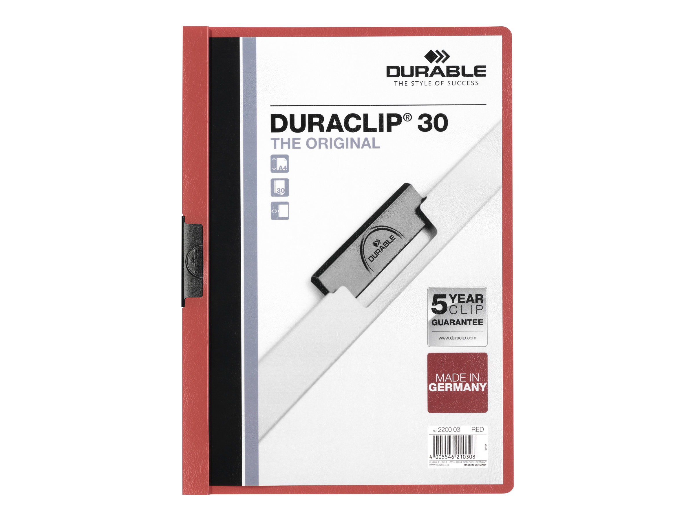 Durable Duraclip 30 Clip File For A4 Capacity 30 Sheets Red With Transparent Front Cover