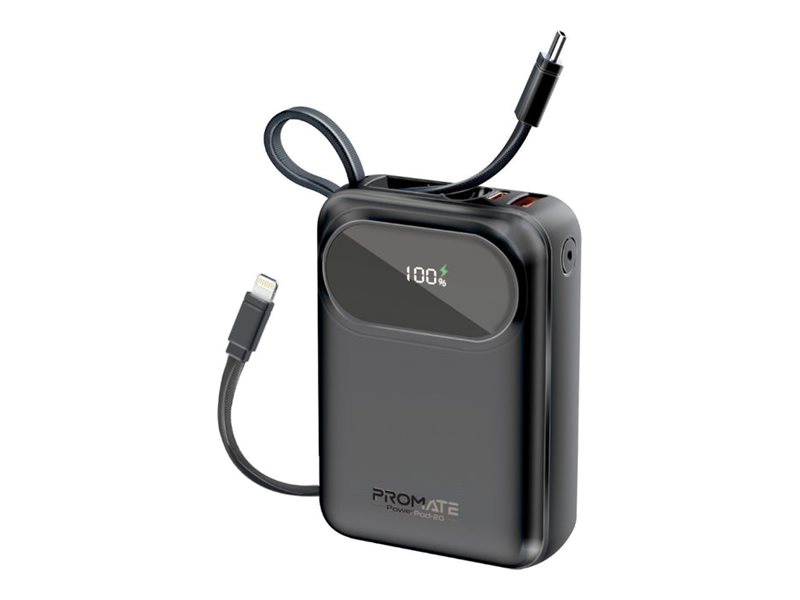 Promate POWERPOD-20 power bank ultra-compact with built-in USB-C & lightning cable Li-pol Product shot Right-angle 79550