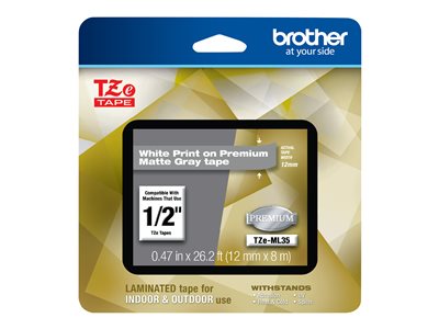 P-touch TZe-ML35 White Print on Premium Matte Gray laminated tape (12mm (0.47?) wide x 8m (26.2?) long