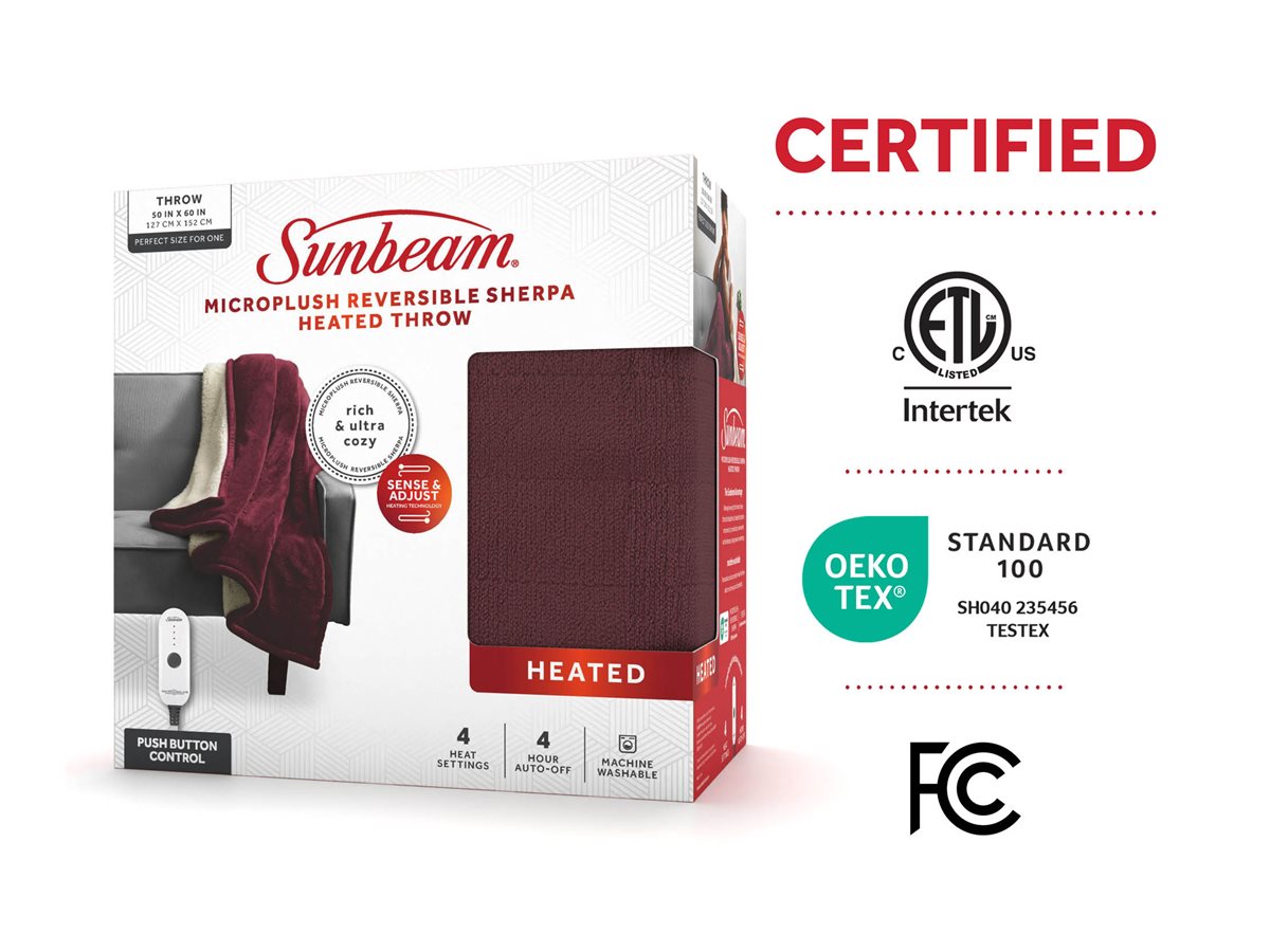 Sunbeam Heated Throw Heating Blanket - Windsor Wine - 50 x 60 in