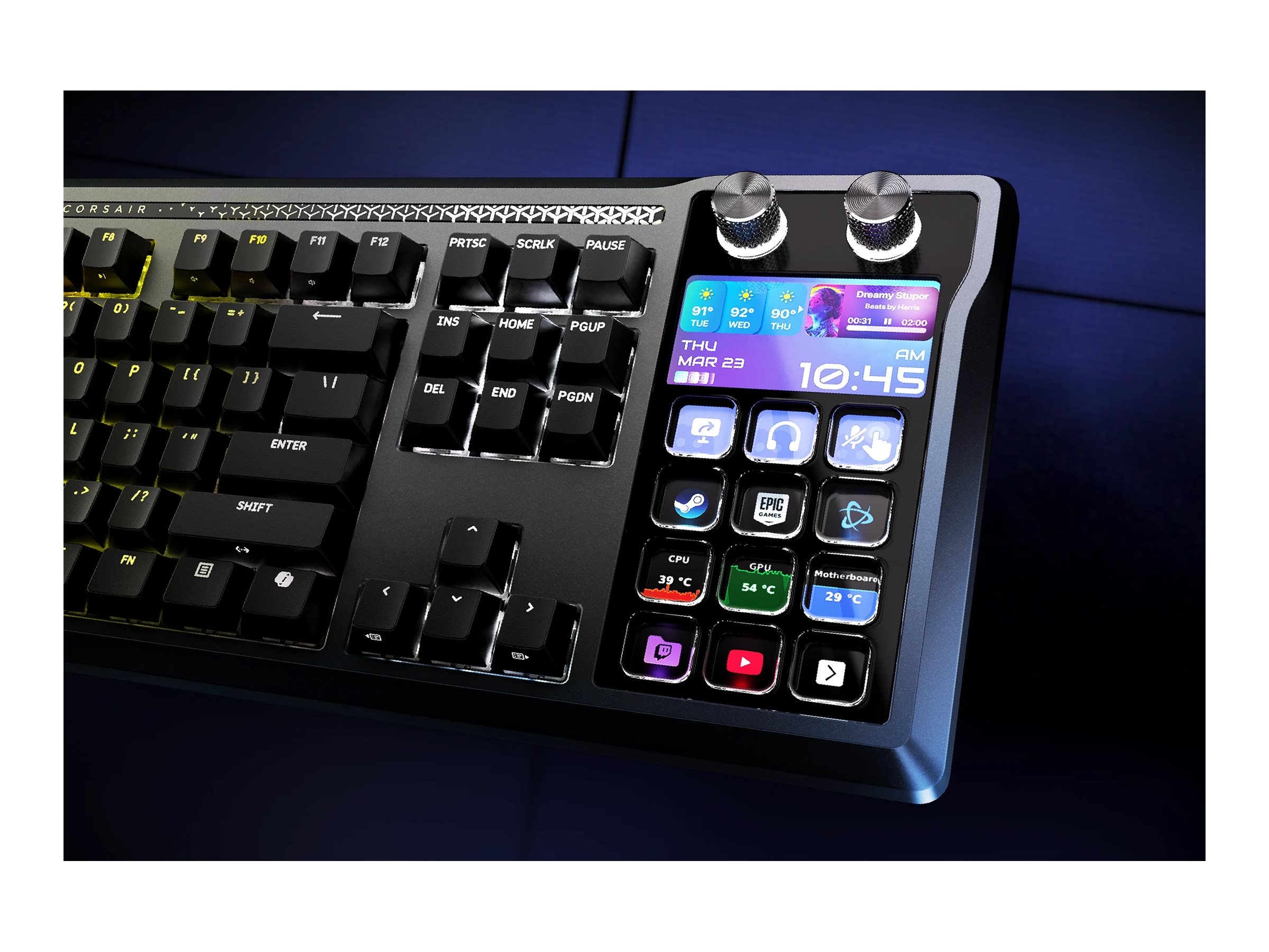 CORSAIR GALLEON 100 SD keyboard extended with Stream Deck QWERTY US black Input Usage / lifestyle Close-up 72140