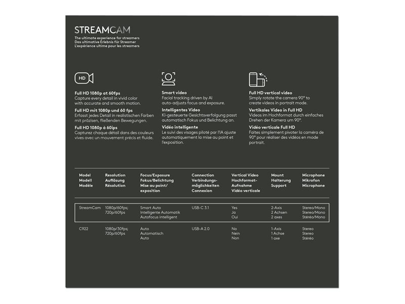 Logitech StreamCam - Camra de diffusion en direct - couleur - 1920 x 1080 - 1080p - audio - USB-C 3.1 Gen 1 - MJPEG, YUY2