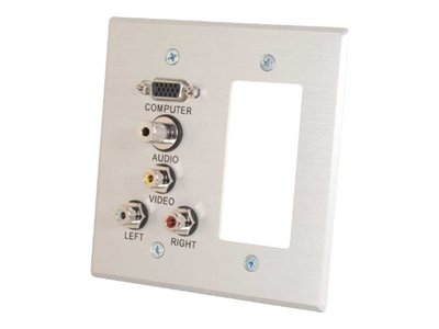 C2G VGA, 3.5mm Audio, Composite Video and RCA Stereo Audio Pass Through Double Gang Wall Plate with One Decorative Style Cutout - Brushed Aluminum