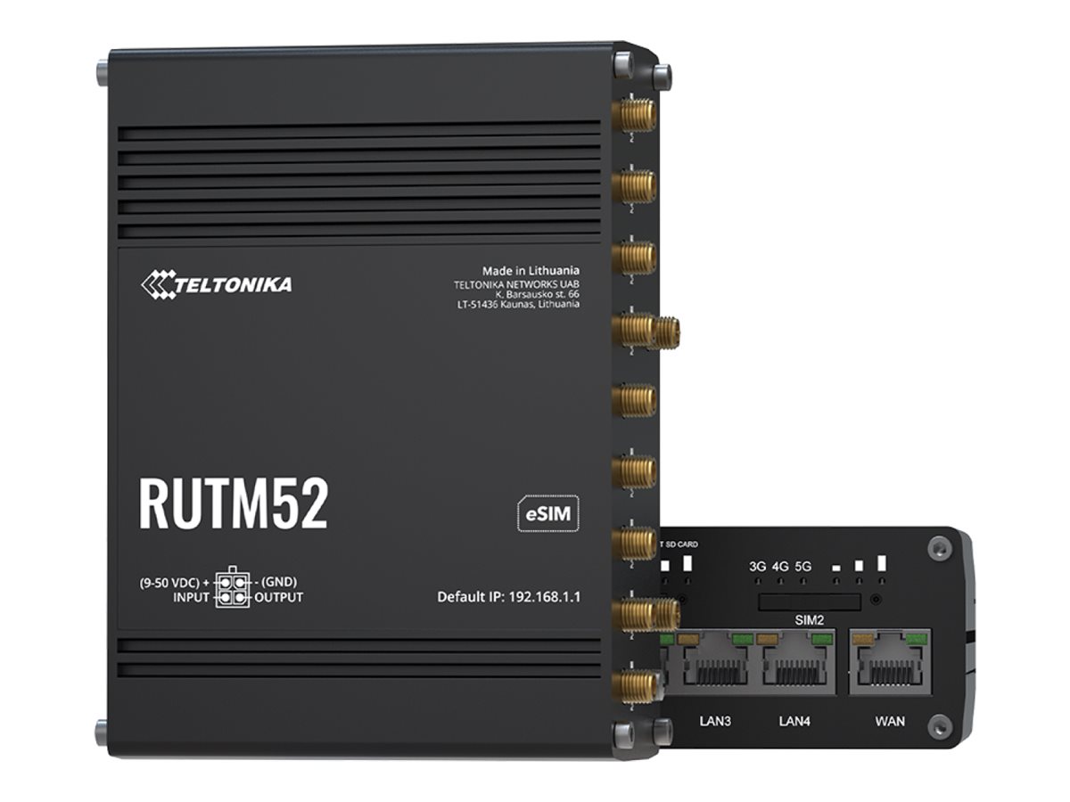 Teltonika RUTM52 wireless router WWAN Wi-Fi 5 3G 4G 5G DIN rail mountable Product shot Multi-angle 78950