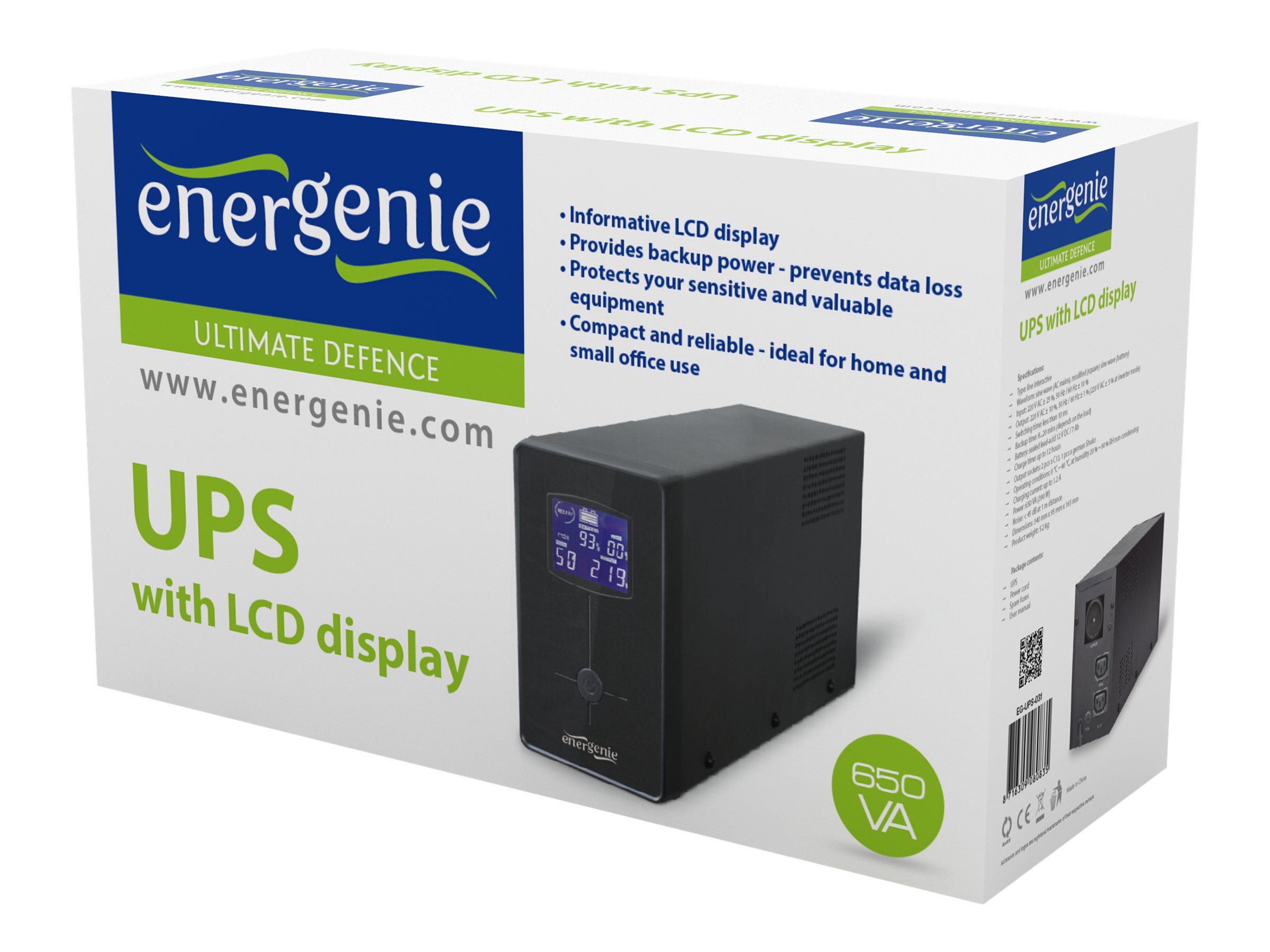 UPS GEMBIRD-ENERGENIE LINE-INTERACTIVE 650VA 2X IEC 1X SCHUKO 230V, LCD