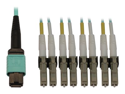 Eaton Tripp Lite Series 40/100/400G Multimode 50/125 OM3 Fiber Optic Cable (12F MTP/MPO-PC to 4x Duplex LC/PC F/M), LSZH, Aqua, 5 m (16.4 ft.)